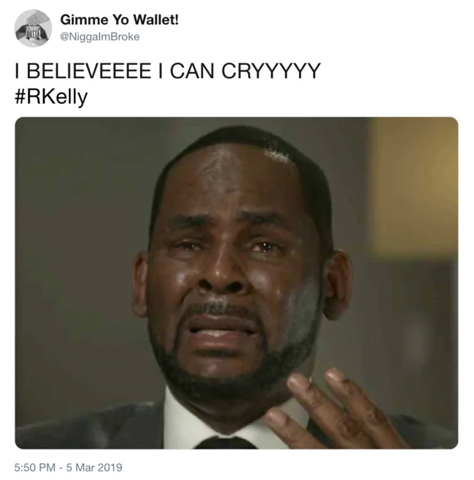 Crying R Kelly — Tweet comparing the R. Kelly crying meme to the Michael Jordan crying meme, with screenshot