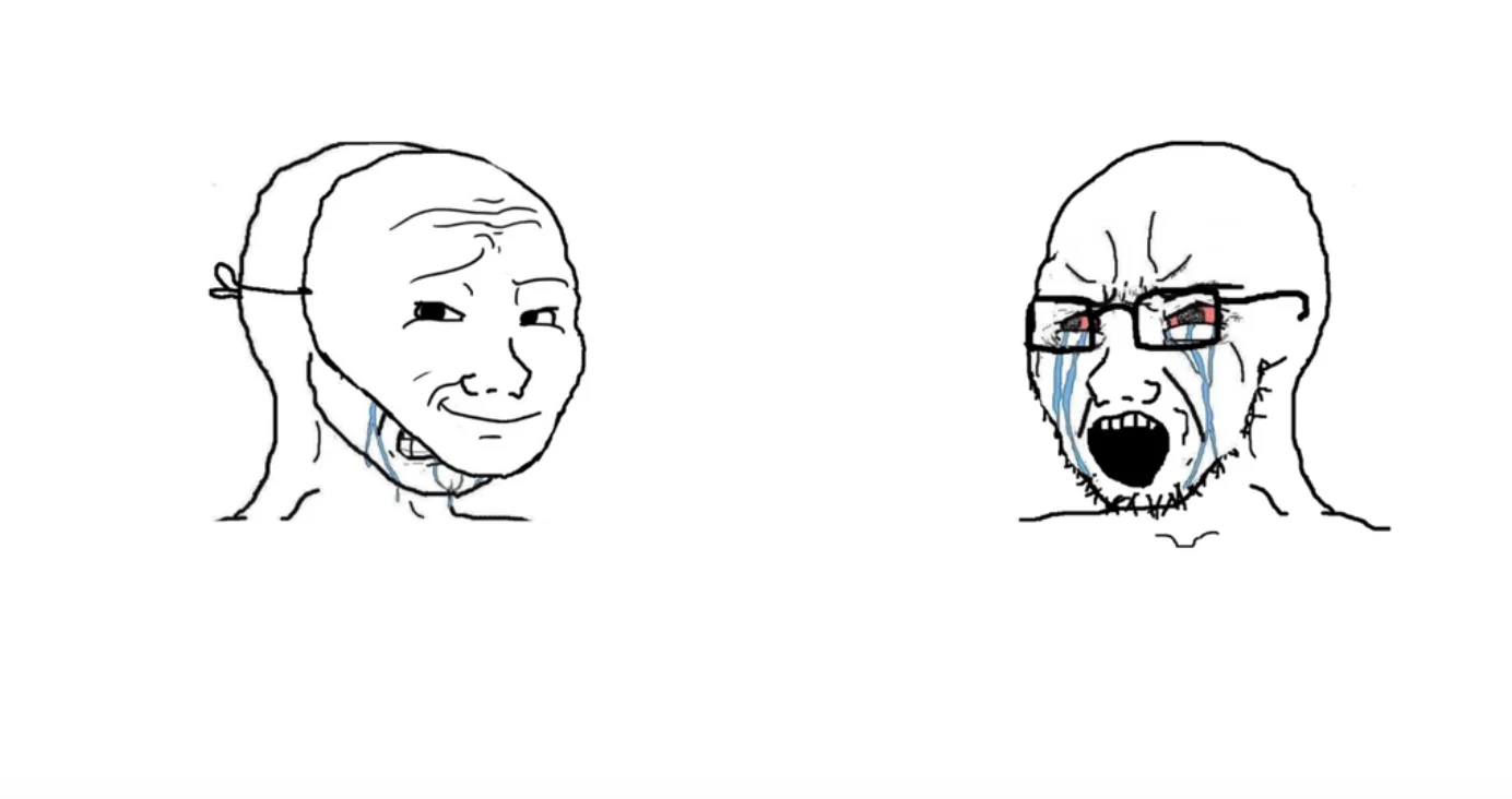 Crying Wojak — Smiling Wojak mask over a crying, screaming Wojak with glasses and tears