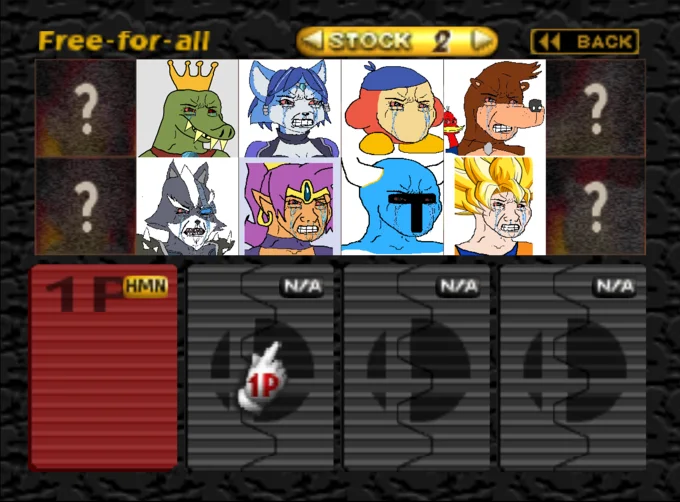 Smash Bros character select screen with crying Wojak versions of various fighters