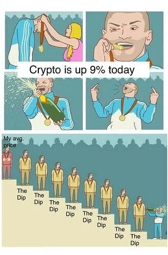 Crypto Winter Meme — Four-panel meme: crypto investor celebrating 9% gain while averaging down through repeated market crashes