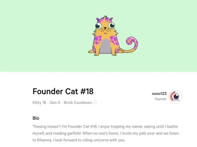 Cryptocurrency — CryptoKitties Founder Cat #18 profile screenshot with cartoon cat and bio