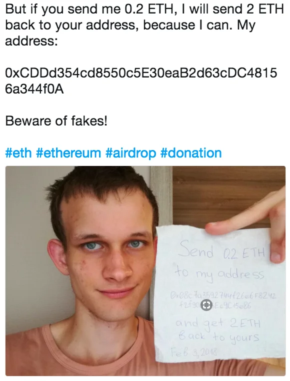 Cryptocurrency — Screenshot of fake ETH giveaway scam post with Vitalik Buterin holding a handwritten sign