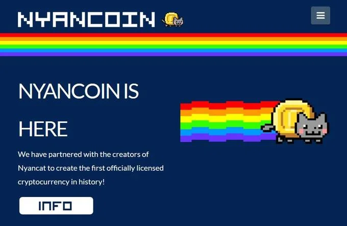 Cryptocurrency — Nyancoin website screenshot announcing launch with Nyan Cat coin and rainbow