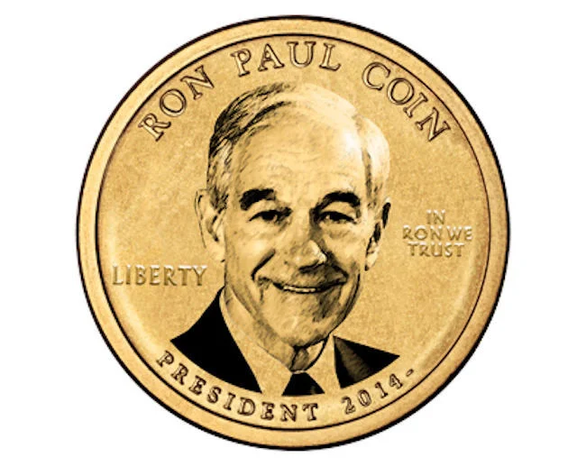 Cryptocurrency — Mock Ron Paul Coin gold coin with LIBERTY and IN RON WE TRUST inscriptions