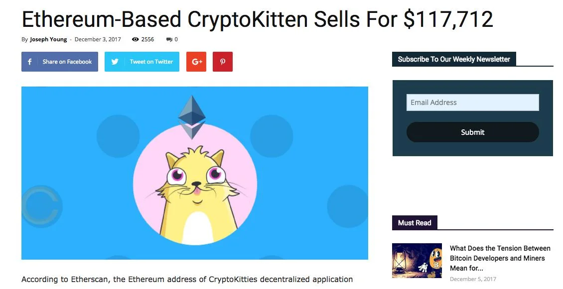 CryptoKitties — News article screenshot reporting CryptoKitten selling for $117,712 with stylized cat illustration.