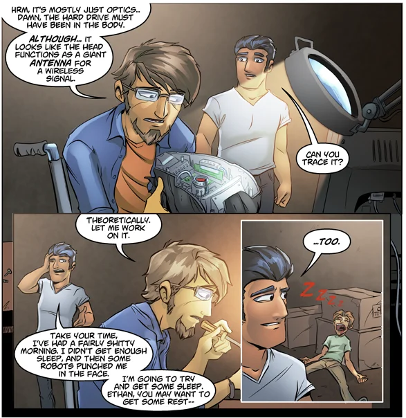 Panel from serious Ctrl+Alt+Del arc with two characters analyzing a robotic head in a workshop