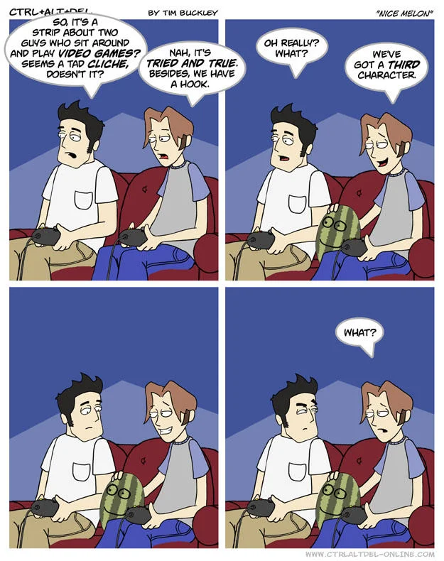 Four-panel Ctrl+Alt+Del comic 'Nice Melon' introducing a watermelon as third character