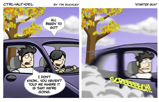 Two-panel Ctrl+Alt+Del 'Starter Gun' comic about a car speeding off