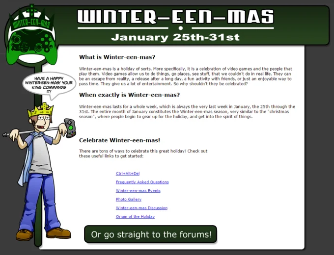 Winter-een-mas holiday landing page featuring the crowned king from Ctrl+Alt+Del