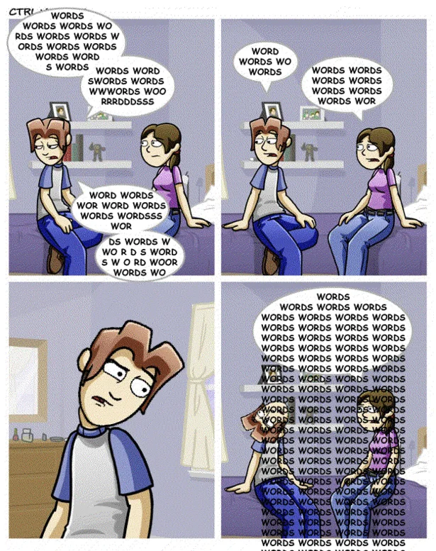 Ctrl+Alt+Del 'Words Words Words' parody comic showing a character overwhelmed by dialogue
