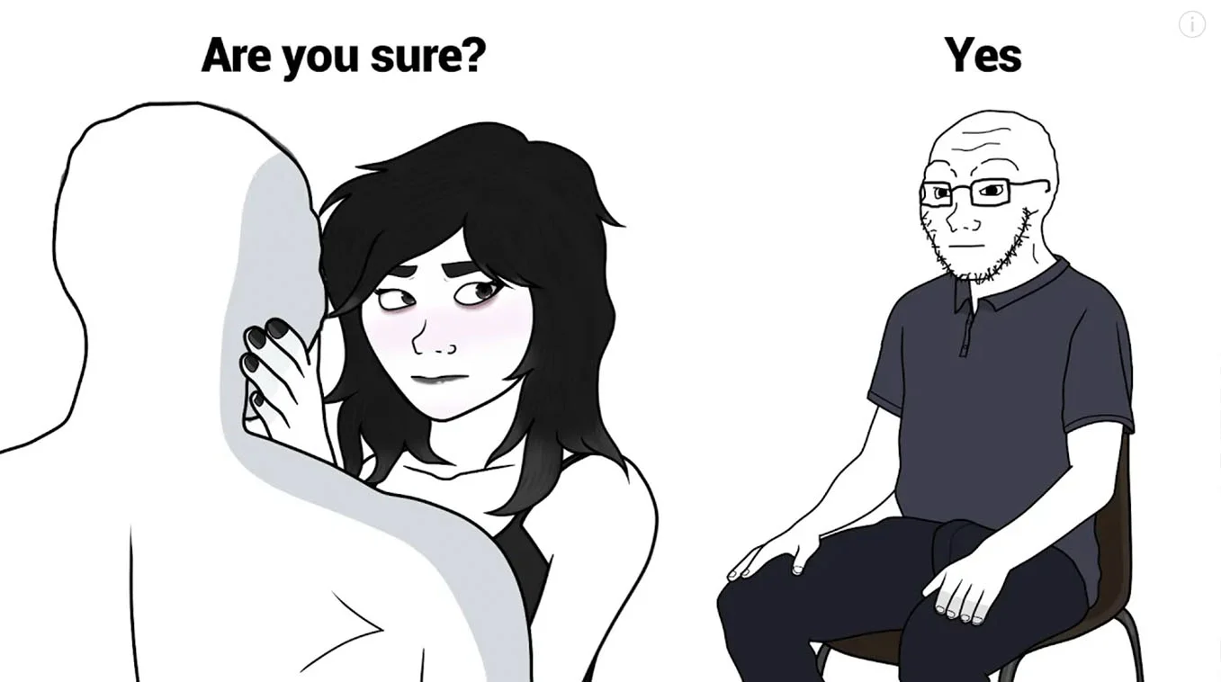 Cuckjak meme template with woman asking 'Are you sure?' and seated Wojak replying 'Yes'