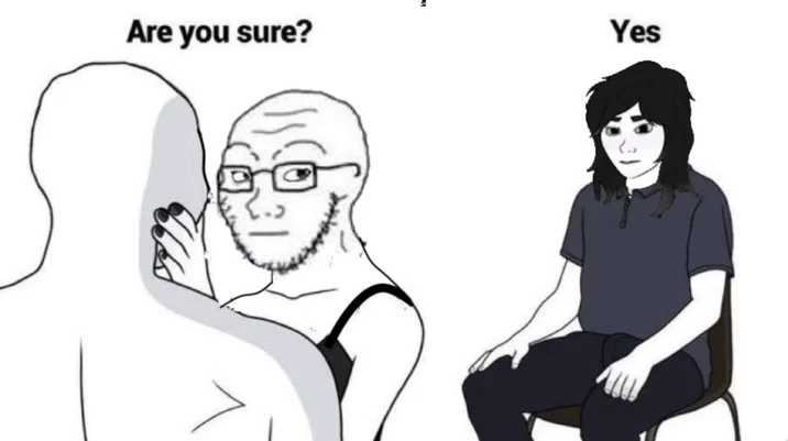 Gender-swapped Cuckjak meme with Wojak and woman positions reversed