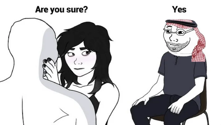 Cuckjak meme variant with seated Wojak wearing an Arab keffiyeh headdress