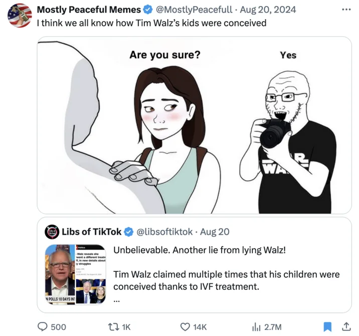 Twitter screenshot using Cuckjak meme to joke about Tim Walz's kids' conception