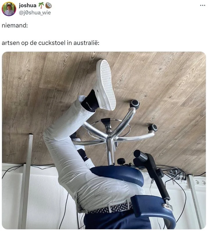 Twitter screenshot of person posing on blue transit seat with raised leg, captioned as Australian cuckstoel variant.