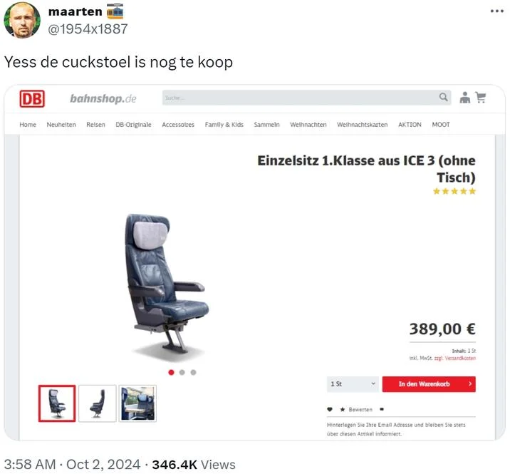 Screenshot of German ICE 3 train seat being sold for €389, captioned as a cuckstoel extending the meme internationally.