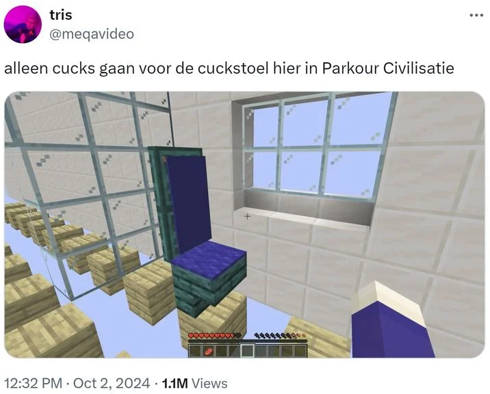 Twitter screenshot of Minecraft build recreating cuckstoel concept with blue seat blocks in parkour course.