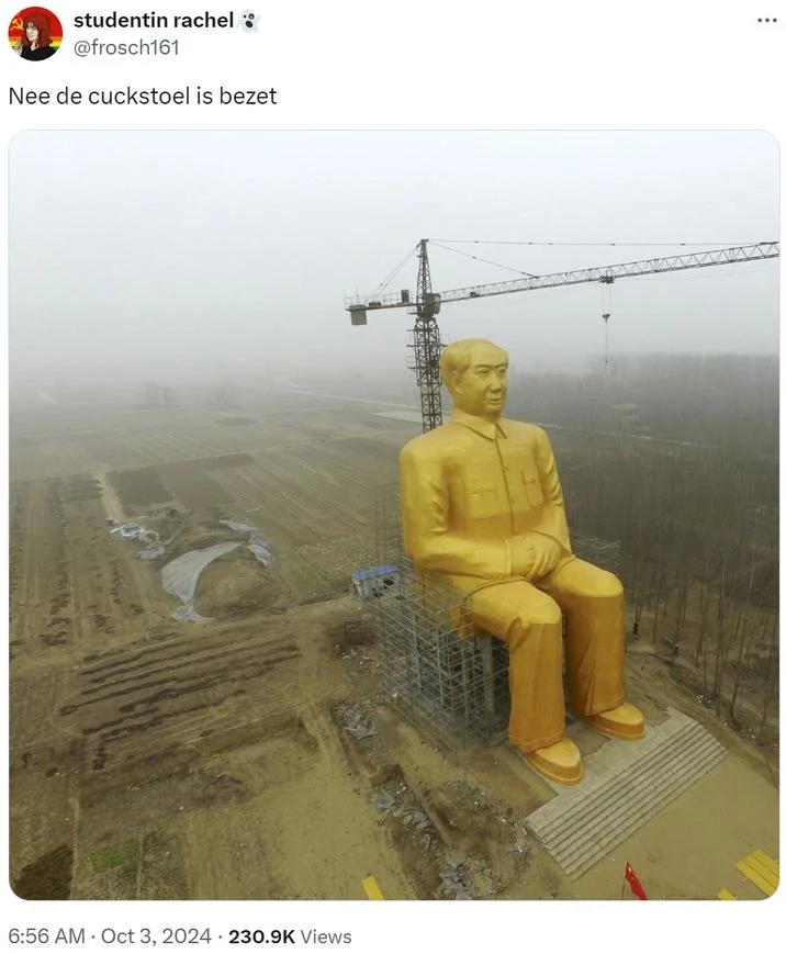 Twitter post showing large yellow statue on crane overlooking construction site, humorously captioned about unavailable cuckstoel.
