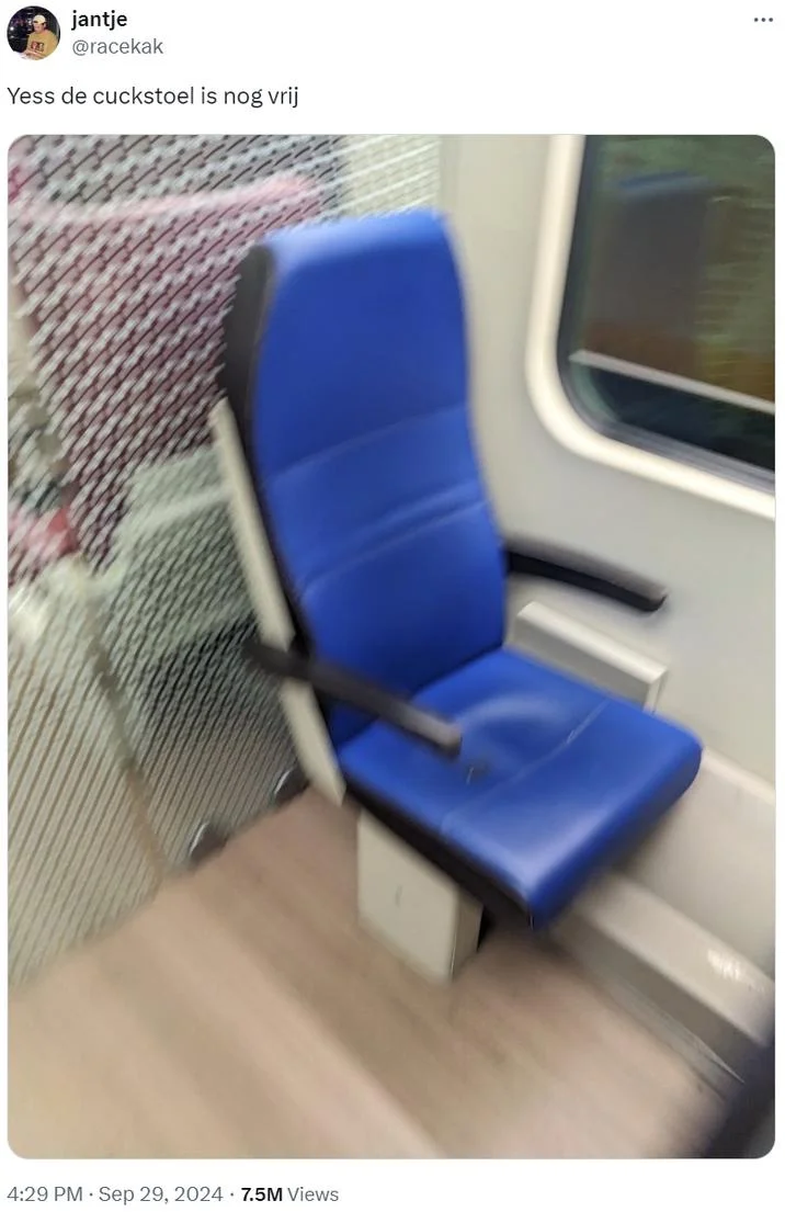 Cuckstoel — Twitter screenshot of original viral post by jantje showing blue backward-facing seat on Dutch transit with Dutch caption.