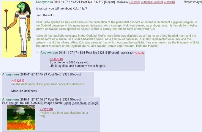 Cult Of Kek — 4chan thread screenshot explaining the Egyptian frog god Kek and the origin of the meme
