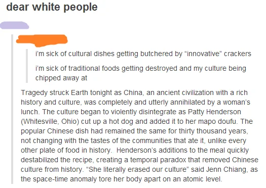 Tumblr post satirizing cultural appropriation complaints about food with parody news story about woman adding hot dog to mapo doufu.