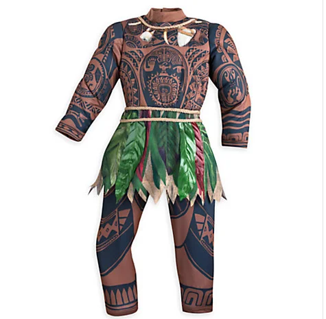Cultural Appropriation — Product photo of Disney Maui costume from Moana featuring dark skin-tone suit with Polynesian tattoo patterns and leaf skirt.