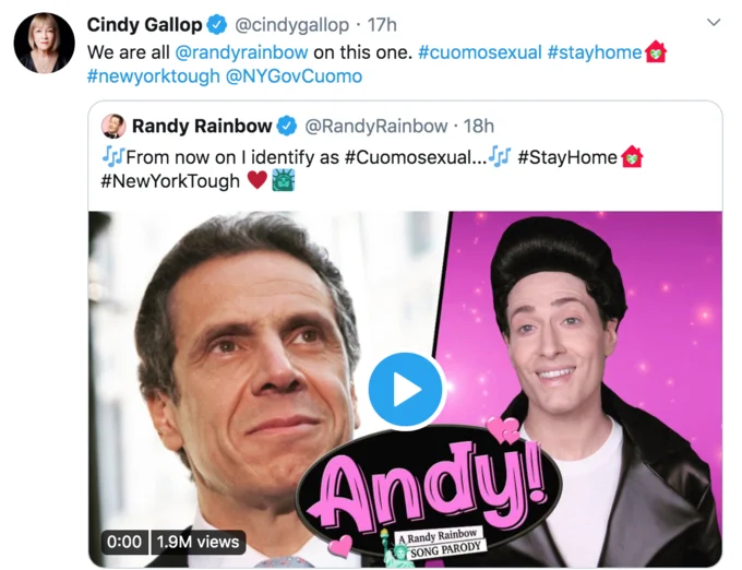 Cindy Gallop tweet sharing Randy Rainbow's 'Andy!' parody video with #cuomosexual hashtag