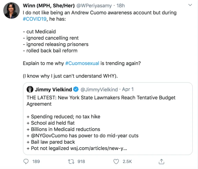Critical tweet listing Cuomo's policy failures questioning why #Cuomosexual is trending
