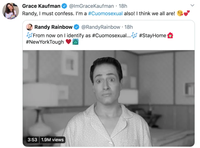 Grace Kaufman tweet declaring 'I'm a #Cuomosexual also' with Randy Rainbow video preview