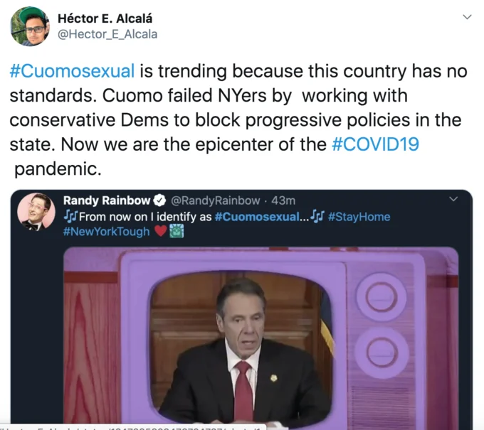 Héctor Alcalá tweet criticizing Cuomosexual trend with Randy Rainbow video preview