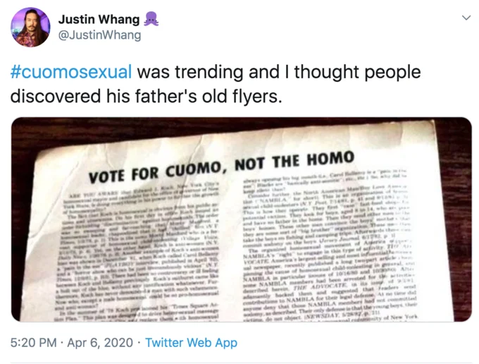 Cuomosexual — Justin Whang tweet referencing Mario Cuomo's controversial 'Vote for Cuomo, not the homo' campaign flyer