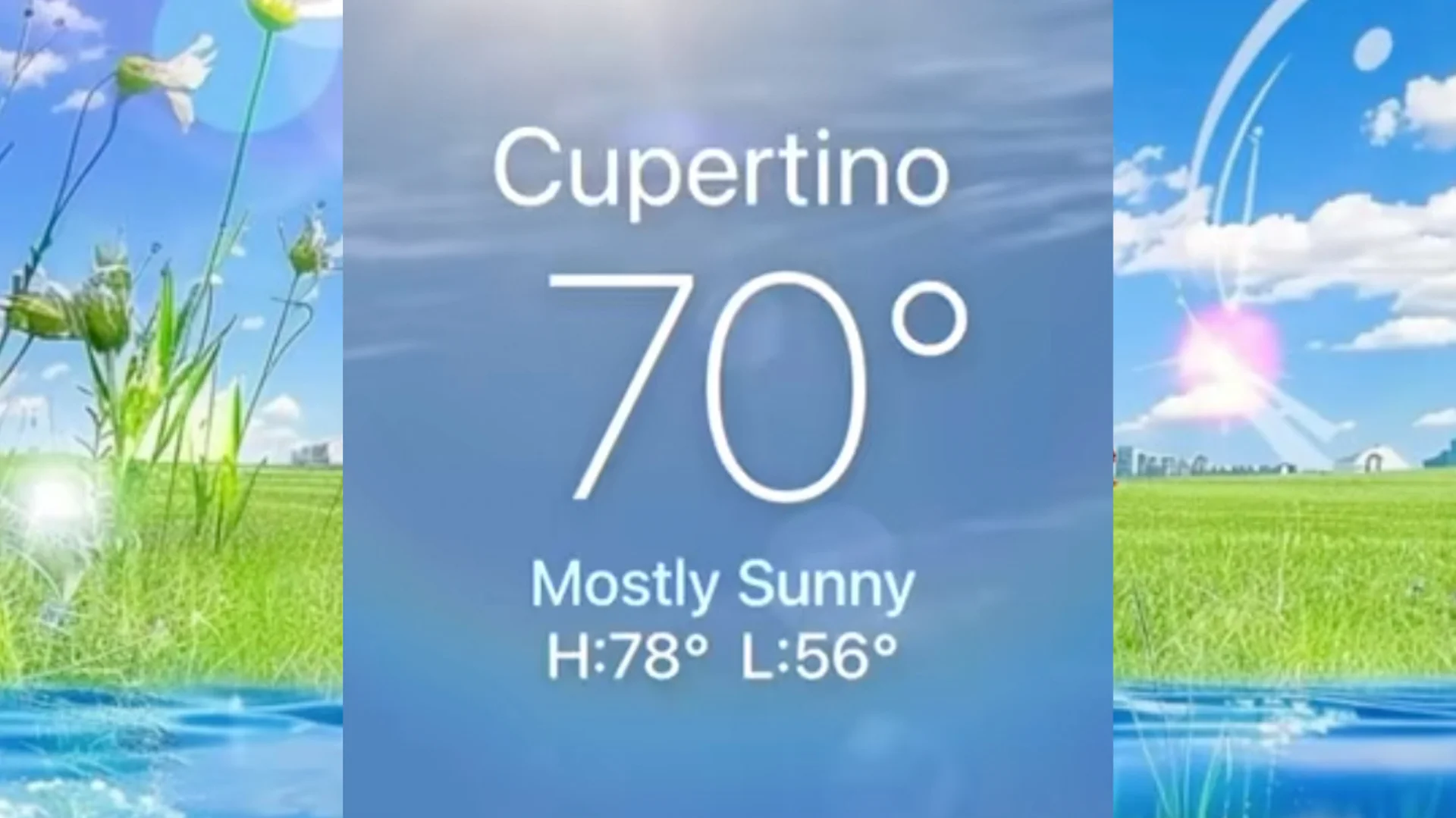 iPhone Weather app screenshot showing Cupertino at 70 degrees Mostly Sunny with sunny background art