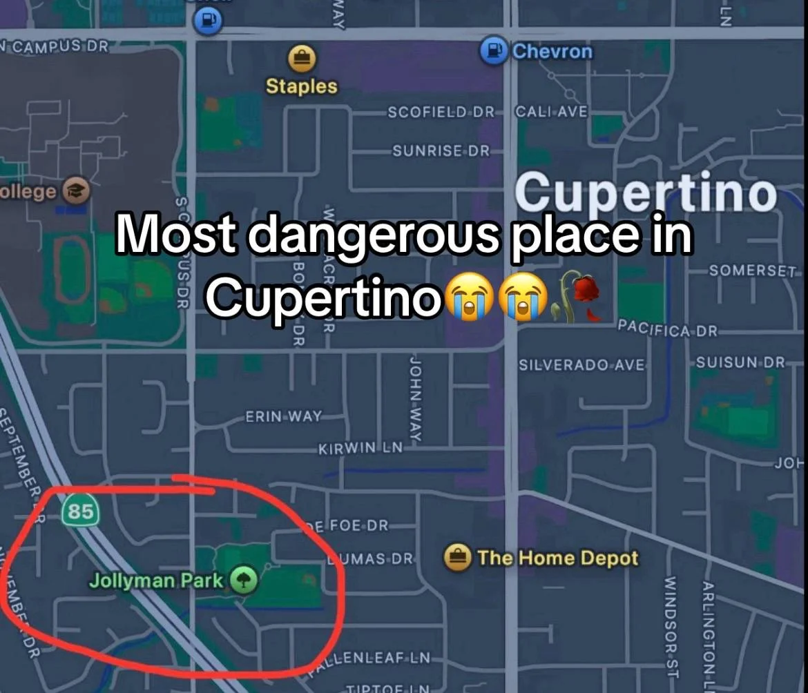 Apple Maps screenshot of Cupertino with Jollyman Park circled, captioned 'Most dangerous place in Cupertino'