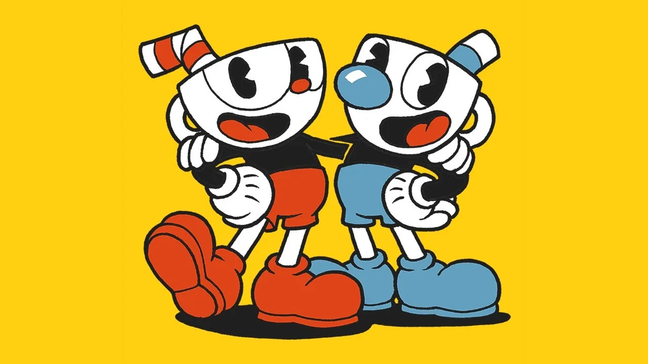 Cuphead and Mugman characters standing together on yellow background