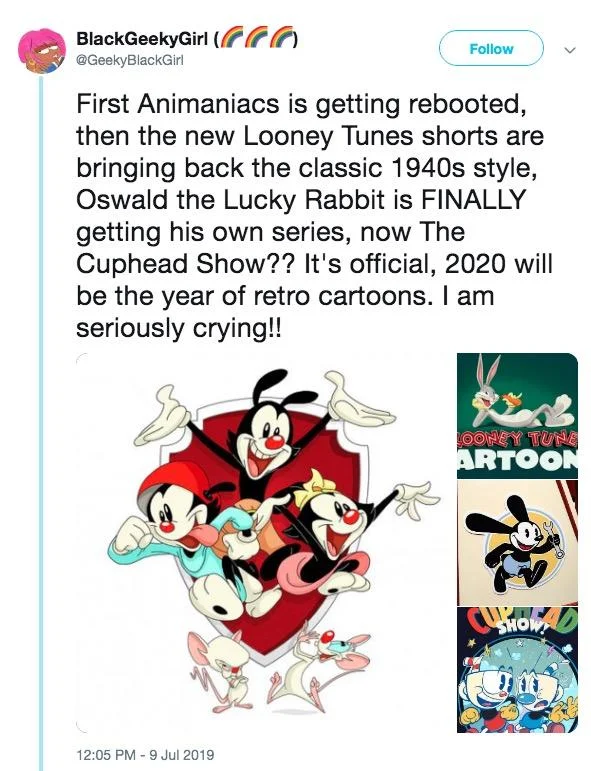 Tweet celebrating retro cartoon reboots including The Cuphead Show