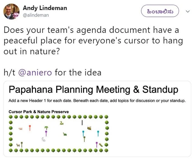 Andy Lindeman tweet showing a 'Cursor Park & Nature Preserve' bordered by tree emojis containing animals and parked colored cursors.