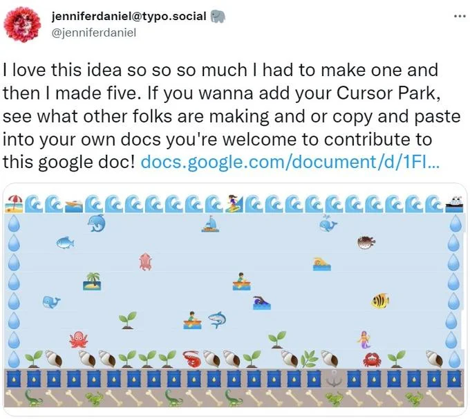Jennifer Daniel tweet showcasing an ocean-themed Cursor Park with wave borders and sea creature emojis.