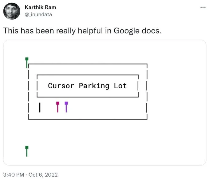 Karthik Ram tweet showing a nested ASCII 'Cursor Parking Lot' box with parked cursors inside and outside.