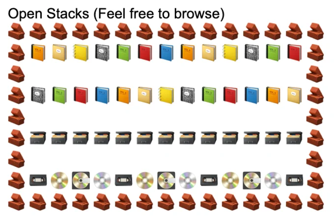 Library-themed Cursor Park labeled 'Open Stacks' with brick walls and emoji shelves of books, folders, CDs, and VHS tapes.