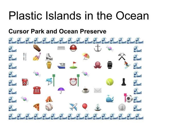 Slide titled 'Plastic Islands in the Ocean - Cursor Park and Ocean Preserve' with emoji grid bordered by wave emojis.