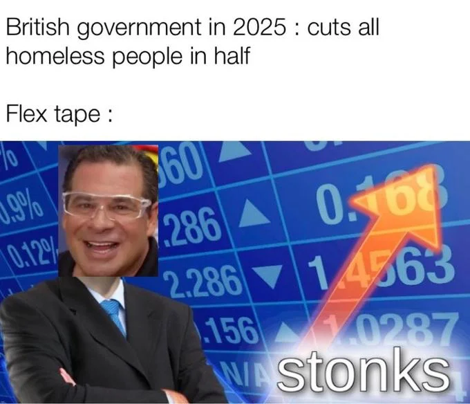 Cut Homeless People In Half by 2025 — Stonks meme with Phil Swift about British government cutting homeless people in half and Flex Tape