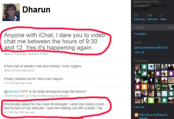 Cyberbullying — Screenshot of Dharun Ravi's Twitter profile with two highlighted tweets about video chat and webcam incident at Rutgers.