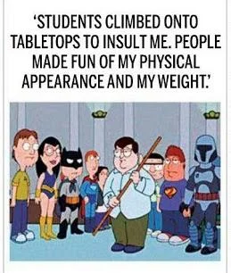 Cyberbullying — Family Guy image macro with costumed characters and text about students mocking physical appearance and weight.