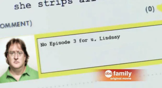 Cyberbullying — Still from Cyberbully movie showing social network page with Gabe Newell profile and 'No Episode 3 for u, Lindsay' comment.