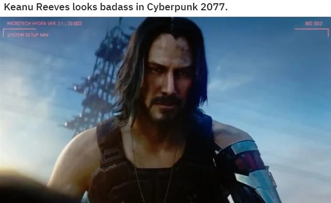 Cyberpunk 2077 Keanu Reeves — Keanu Reeves as Johnny Silverhand in Cyberpunk 2077 trailer wearing sunglasses and cybernetic arm