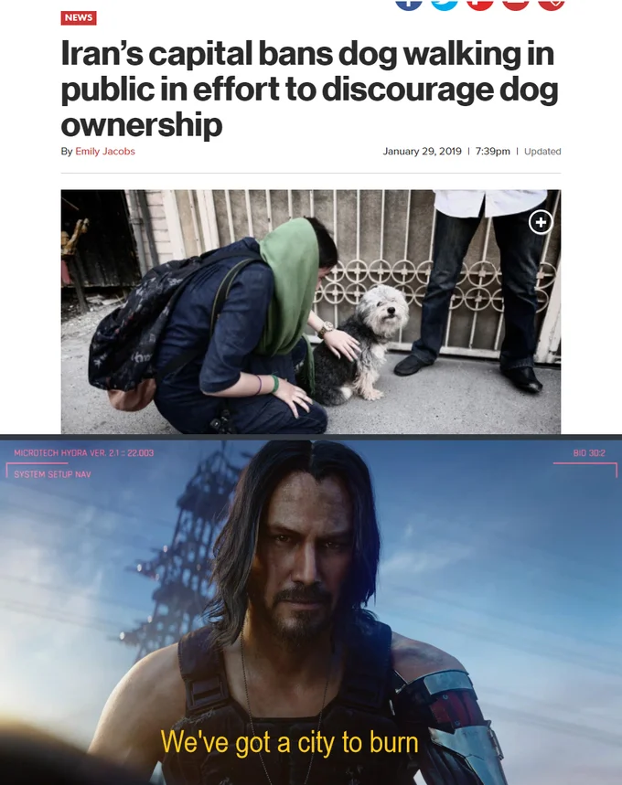 Cyberpunk 2077 Keanu Reeves — Headline reading 'Keanu Reeves looks badass in Cyberpunk 2077' with trailer screenshot