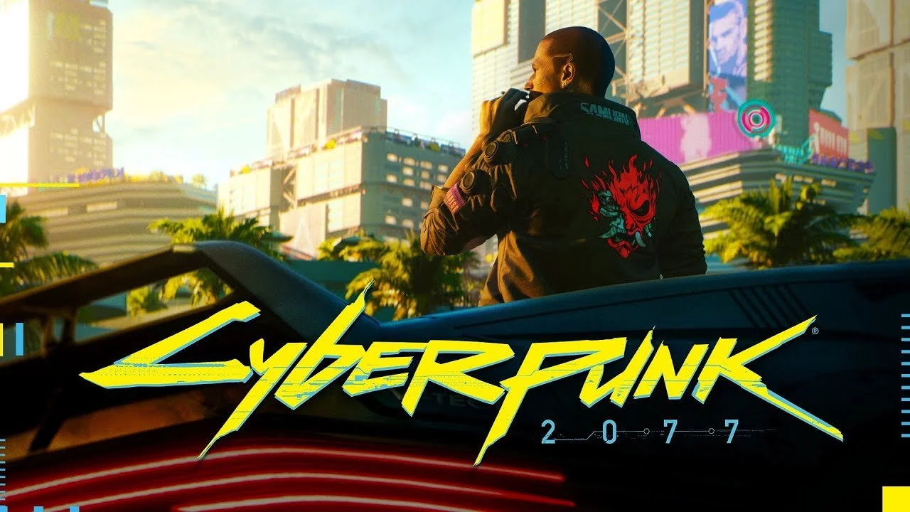 Cyberpunk 2077 key art with logo and character overlooking Night City