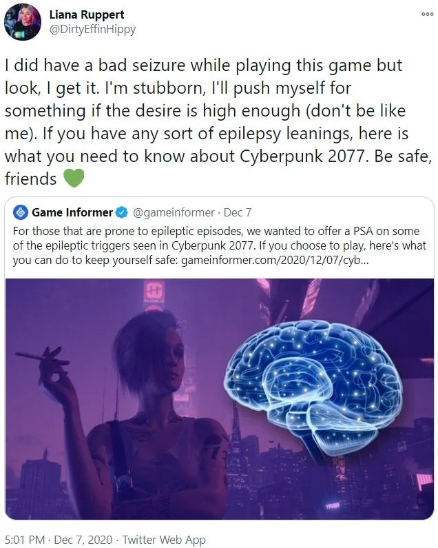 Game Informer tweet warning about epilepsy triggers in Cyberpunk 2077
