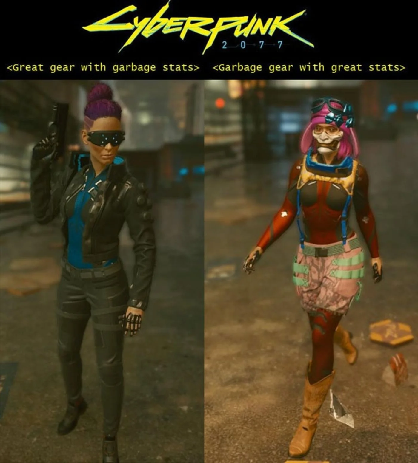 Cyberpunk 2077 character customization meme comparing gear loadouts with in-game characters in tactical cyberpunk fashion.