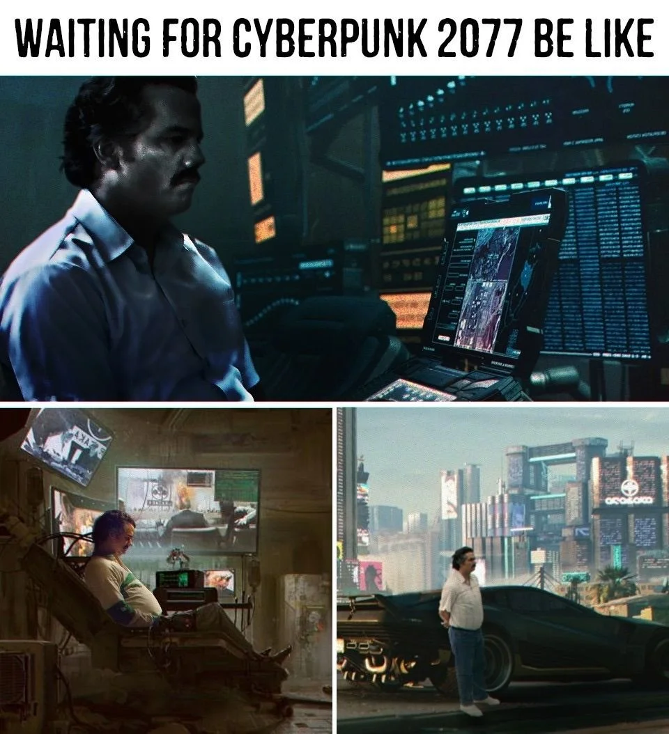 Multi-panel meme showing anticipation of Cyberpunk 2077 with characters in futuristic neon-lit dystopian environments.